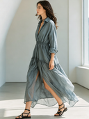 Women's Retro Casual Cotton Linen Ruffled Long-Sleeve Maxi Dress ZMZ0112G6ZJY