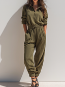 Women's Retro Casual Cotton Drawstring Collar Long-Sleeved Jumpsuit ZMZ0155G1ZJY