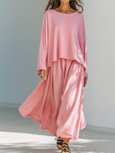Women's Retro Casual Cotton Long-Sleeved T-Shirt And Skirt Set ZMZ0172G7ZJY