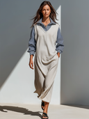 Women's Retro Casual Striped Cotton Patchwork Faux Two-Piece Maxi Dress ZMZ0142G8ZJY