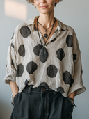 Women's Vintage Casual Cotton-Linen Polka-Dot V-Neck Long-Sleeve Shirt ZMZ0776G7ZYY