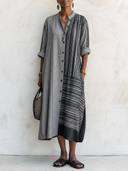 Women's Retro Striped Pattern Long-Sleeved Shirt Midi Dress ZMZ0796G9SWL