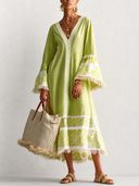 Women's Resort Avocado Green Cotton Linen V-Neck Tassel Midi Dress ZMZ0787G8SWL