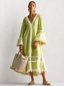 Women's Resort Avocado Green Cotton Linen V-Neck Tassel Midi Dress ZMZ0787G8SWL
