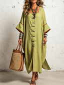 Women's Vintage-Style Premium Cotton-Linen With Square Neck And Flared Sleeves Loose Fit Maxi Dress ZMZ0721G4ZYY