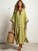 Women's Vintage-Style Premium Cotton-Linen With Square Neck And Flared Sleeves Loose Fit Maxi Dress ZMZ0721G4ZYY