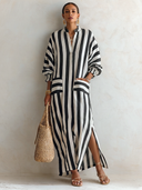 Women's Retro Cotton Blend Striped V-Neck Long-Sleeve Maxi Dress ZMZ0730G5SWL
