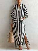 Women's Retro Cotton Blend Striped V-Neck Long-Sleeve Maxi Dress ZMZ0730G5SWL