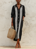 Women's Classic Black Cotton Linen Color Block Long-Sleeved Shirt Midi Dress ZMZ0761G5SWL