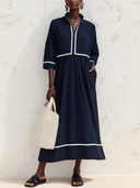 Women's Classic Navy Cotton Midi Dress With Zip-Front Stand Collar And Three-Quarter Sleeves ZMZ0741G6SWL