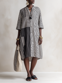 Women's Vintage Striped Knee-Length Shirt Dress With Elbow-Length Sleeves ZMZ0750G5SWL