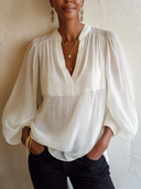 Women's Elegant And Romantic White Chiffon Long-Sleeve V-Neck Top ZMZ0775G5SWL