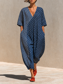 Women's Casual Polka Dot Striped Print V-Neck Loose-fitting Long Maxi Dress ZMZ0777G0XT