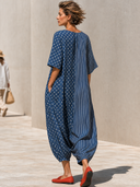 Women's Casual Polka Dot Striped Print V-Neck Loose-fitting Long Maxi Dress ZMZ0777G0XT