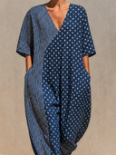 Women's Casual Polka Dot Striped Print V-Neck Loose-fitting Long Maxi Dress ZMZ0777G0XT