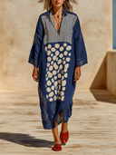 Women's Striped Polka Dot Print Cotton Linen Long Sleeve Maxi Dress ZMZ0770G5XT