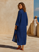 Women's Striped Polka Dot Print Cotton Linen Long Sleeve Maxi Dress ZMZ0770G5XT