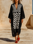 Women's Striped Polka Dot Print Cotton Linen Long Sleeve Maxi Dress ZMZ0770G5XT