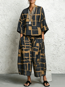 Women's Vintage Casual Cotton-Linen Printed V-Neck Top And Wide-Leg Pants Set ZMZ0710G0ZYY