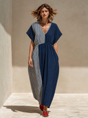 Women's Casual V-Neck Color-Block Striped Maxi Dress ZMZ0755G8XT
