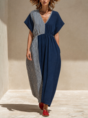 Women's Casual V-Neck Color-Block Striped Maxi Dress ZMZ0755G8XT