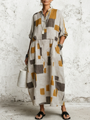 Women's Vintage Casual Cotton-Linen Printed With Mandarin Collar And Mid-Length Sleeves Loose Maxi Dress ZMZ0739G5ZYY