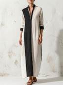 Women Premium Cotton Linen Color Block Vertical Striped Maxi Dress Stand Collar Long Sleeve Loose Vacation Caftan Tunic ZMZ0786G2YZH