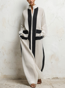 Women Premium Cotton Linen Geometric Striped Maxi Kaftan Dress Stand Collar Long Sleeve Pocket Loose Vacation Tunic ZMZ0754G4YZH