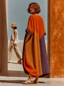 Women's Patchwork V-neck Mid-sleeve Cotton Linen Loose-fitting Maxi Dress ZMZ0783G8XT