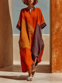 Women's Patchwork V-neck Mid-sleeve Cotton Linen Loose-fitting Maxi Dress ZMZ0783G8XT