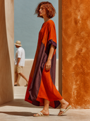 Women's Patchwork V-neck Mid-sleeve Cotton Linen Loose-fitting Maxi Dress ZMZ0783G8XT