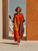 Women's Patchwork V-neck Mid-sleeve Cotton Linen Loose-fitting Maxi Dress ZMZ0783G8XT