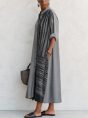 Women's Retro Striped Pattern Long-Sleeved Shirt Midi Dress ZMZ0796G9SWL