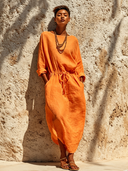 Women's Casual Solid Color Cotton Linen Round Neck Long Sleeve Maxi Dress ZMZ0609G8XT