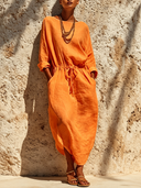 Women's Casual Solid Color Cotton Linen Round Neck Long Sleeve Maxi Dress ZMZ0609G8XT