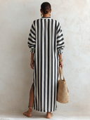 Women's Retro Cotton Blend Striped V-Neck Long-Sleeve Maxi Dress ZMZ0730G5SWL