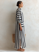 Women's Retro Cotton Blend Striped V-Neck Long-Sleeve Maxi Dress ZMZ0730G5SWL