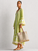 Women's Resort Avocado Green Cotton Linen V-Neck Tassel Midi Dress ZMZ0787G8SWL