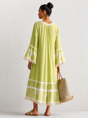 Women's Resort Avocado Green Cotton Linen V-Neck Tassel Midi Dress ZMZ0787G8SWL