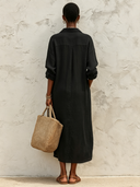 Women's Classic Black Cotton Linen Color Block Long-Sleeved Shirt Midi Dress ZMZ0761G5SWL