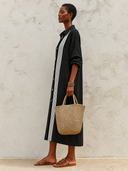Women's Classic Black Cotton Linen Color Block Long-Sleeved Shirt Midi Dress ZMZ0761G5SWL