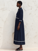 Women's Classic Navy Cotton Midi Dress With Zip-Front Stand Collar And Three-Quarter Sleeves ZMZ0741G6SWL