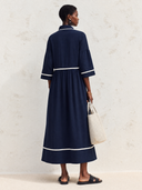 Women's Classic Navy Cotton Midi Dress With Zip-Front Stand Collar And Three-Quarter Sleeves ZMZ0741G6SWL