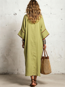 Women's Vintage-Style Premium Cotton-Linen With Square Neck And Flared Sleeves Loose Fit Maxi Dress ZMZ0721G4ZYY
