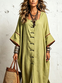 Women's Vintage-Style Premium Cotton-Linen With Square Neck And Flared Sleeves Loose Fit Maxi Dress ZMZ0721G4ZYY