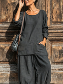 Women's Vintage Minimalist Cotton-Linen Crew Neck Long-Sleeve T-Shirt And Lantern Pants Set ZMZ0700G3ZYY