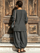 Women's Vintage Minimalist Cotton-Linen Crew Neck Long-Sleeve T-Shirt And Lantern Pants Set ZMZ0700G3ZYY
