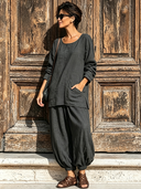 Women's Vintage Minimalist Cotton-Linen Crew Neck Long-Sleeve T-Shirt And Lantern Pants Set ZMZ0700G3ZYY