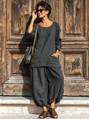 Women's Vintage Minimalist Cotton-Linen Crew Neck Long-Sleeve T-Shirt And Lantern Pants Set ZMZ0700G3ZYY