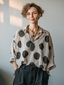 Women's Vintage Casual Cotton-Linen Polka-Dot V-Neck Long-Sleeve Shirt ZMZ0776G7ZYY